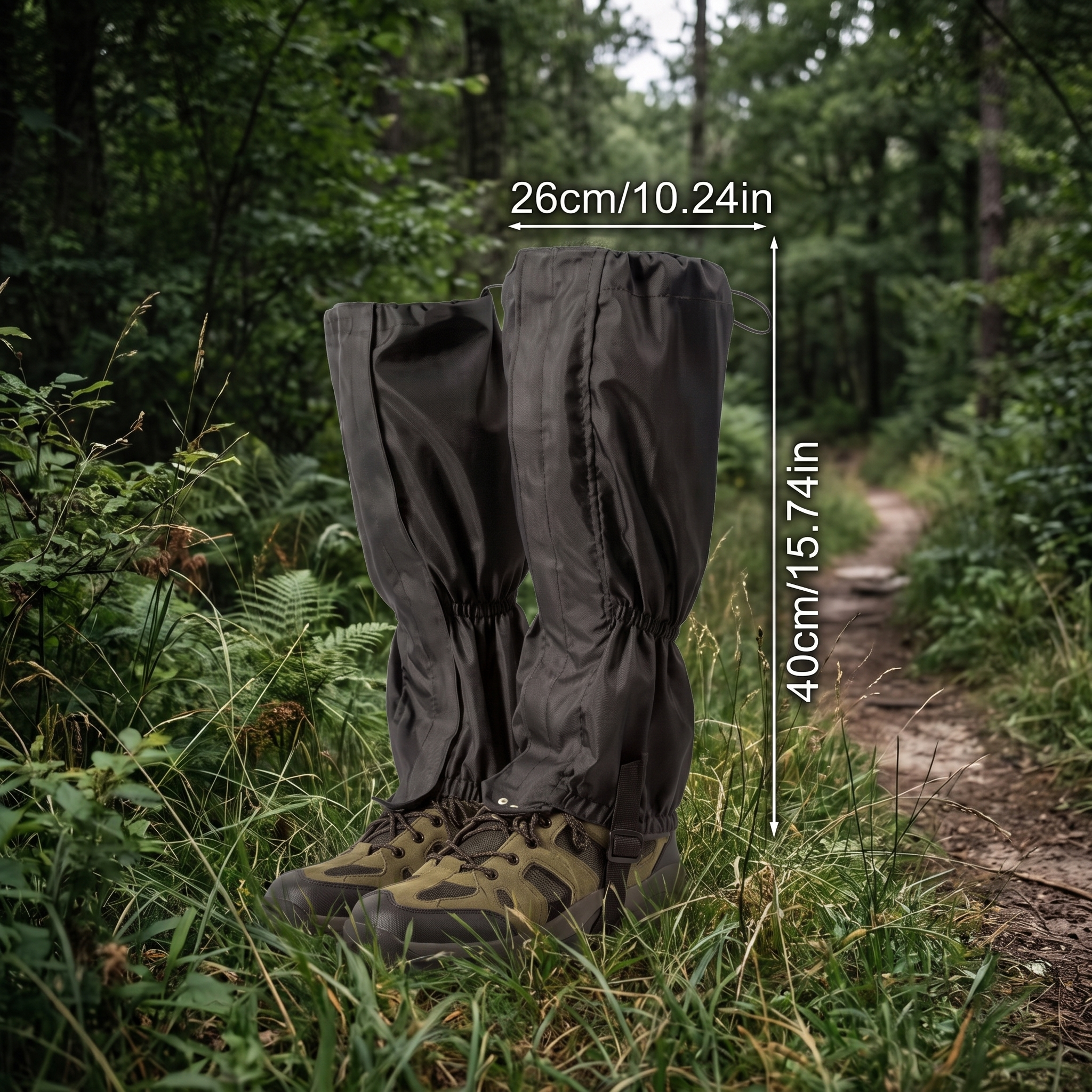 Black tick protection leg gaiters worn over boots in tall grass