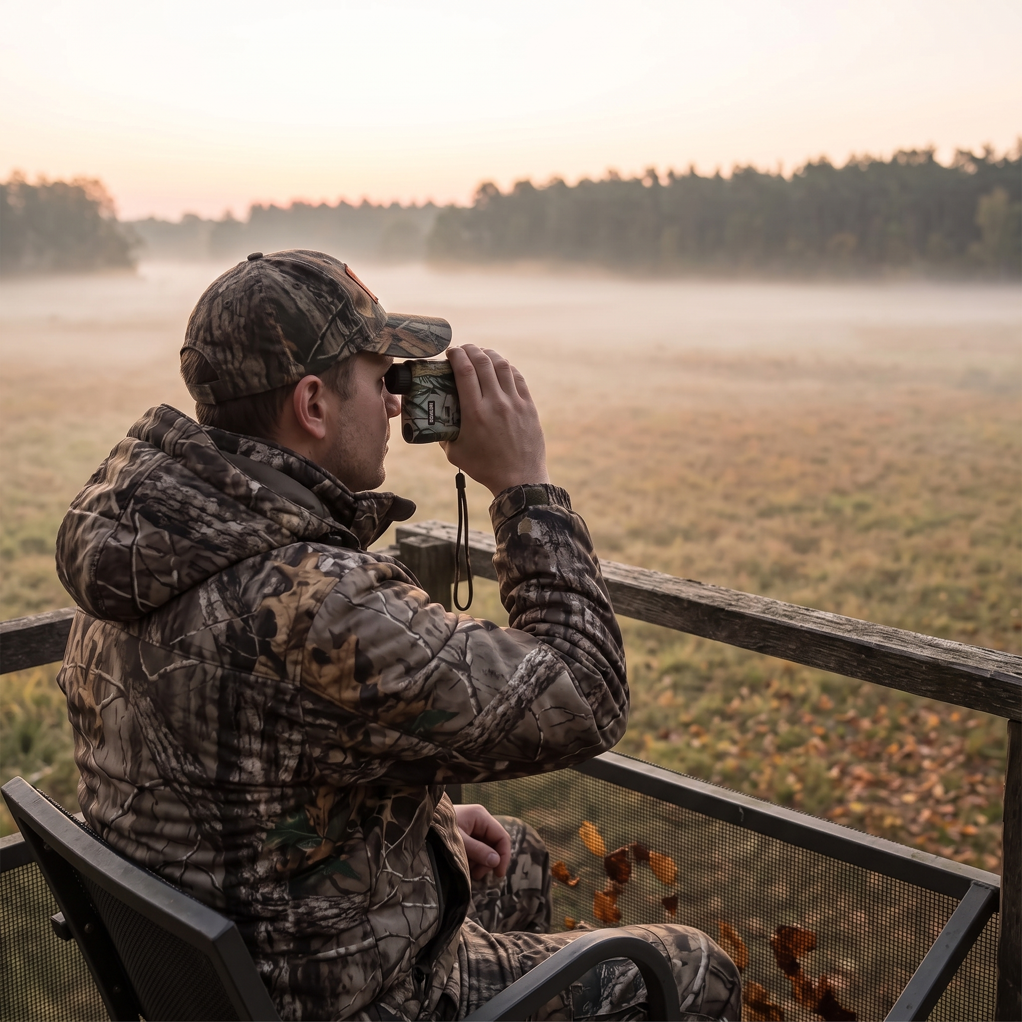 Hunter ranging a shot from a tree stand with a laser rangefinder at dawn