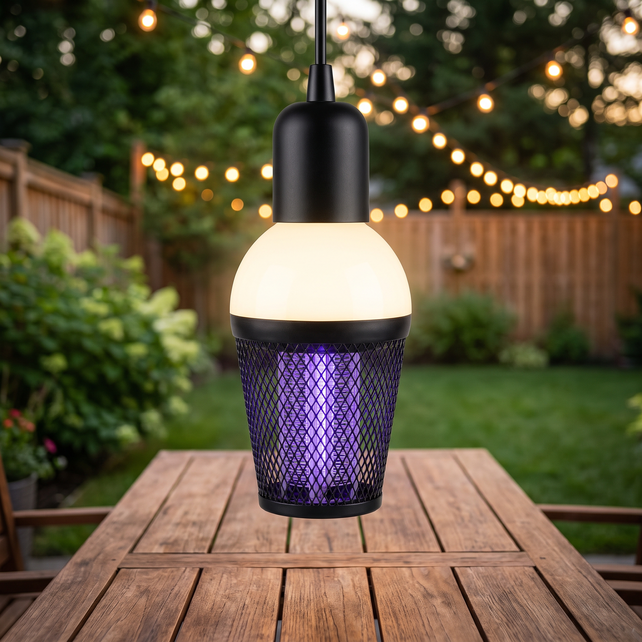 2-in-1 bug zapper light bulb glowing over a backyard patio table at dusk