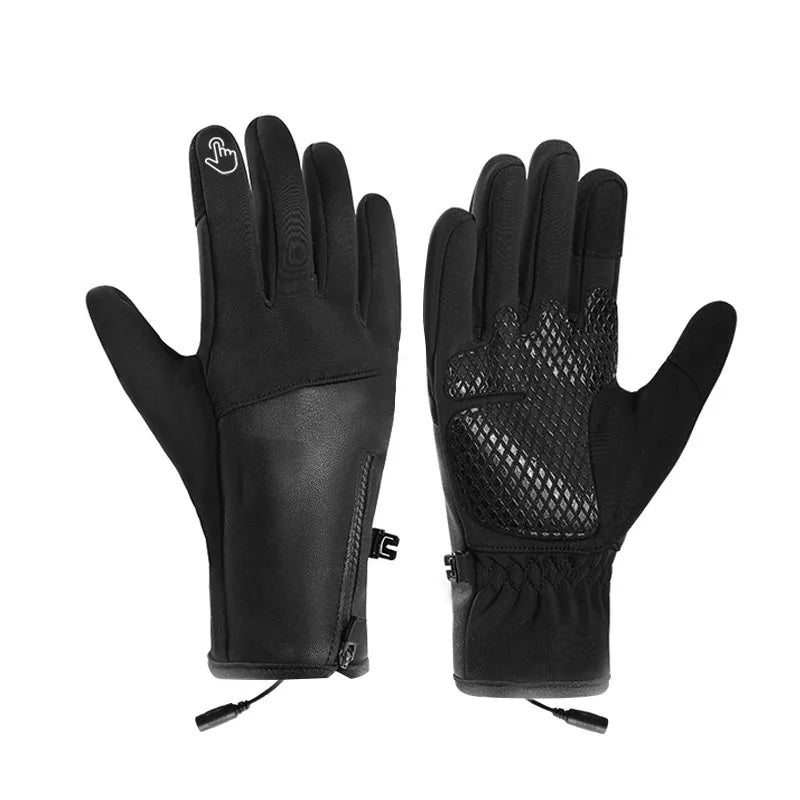 Black heated hunting gloves, front and palm view with USB connectors