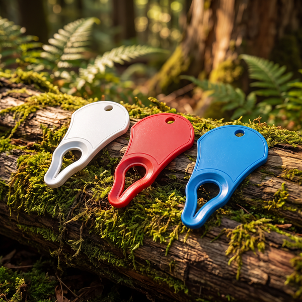 Two tick remover hook tools on a keyring resting on a mossy forest log
