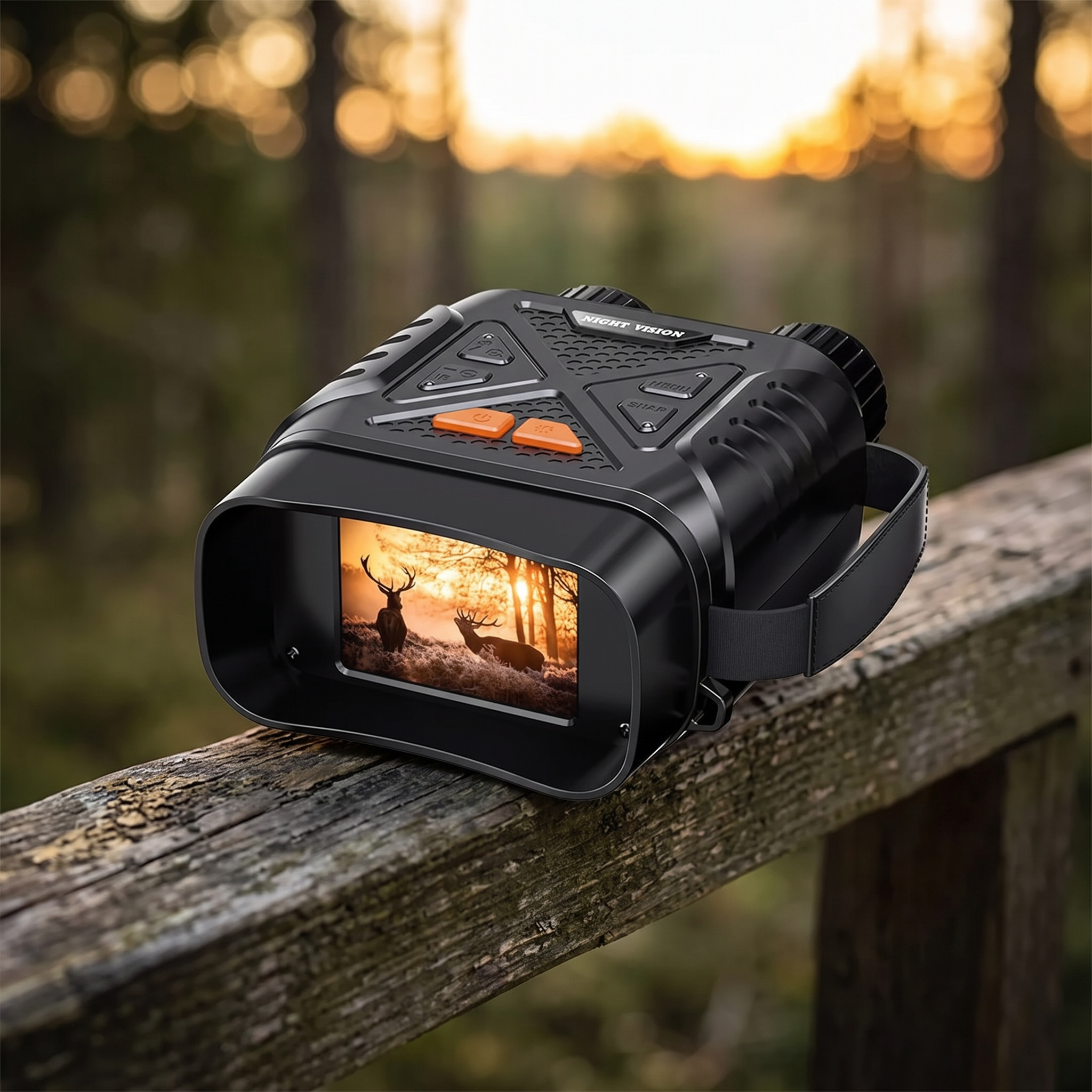 1080P digital night vision binoculars resting on a tree stand rail at dusk