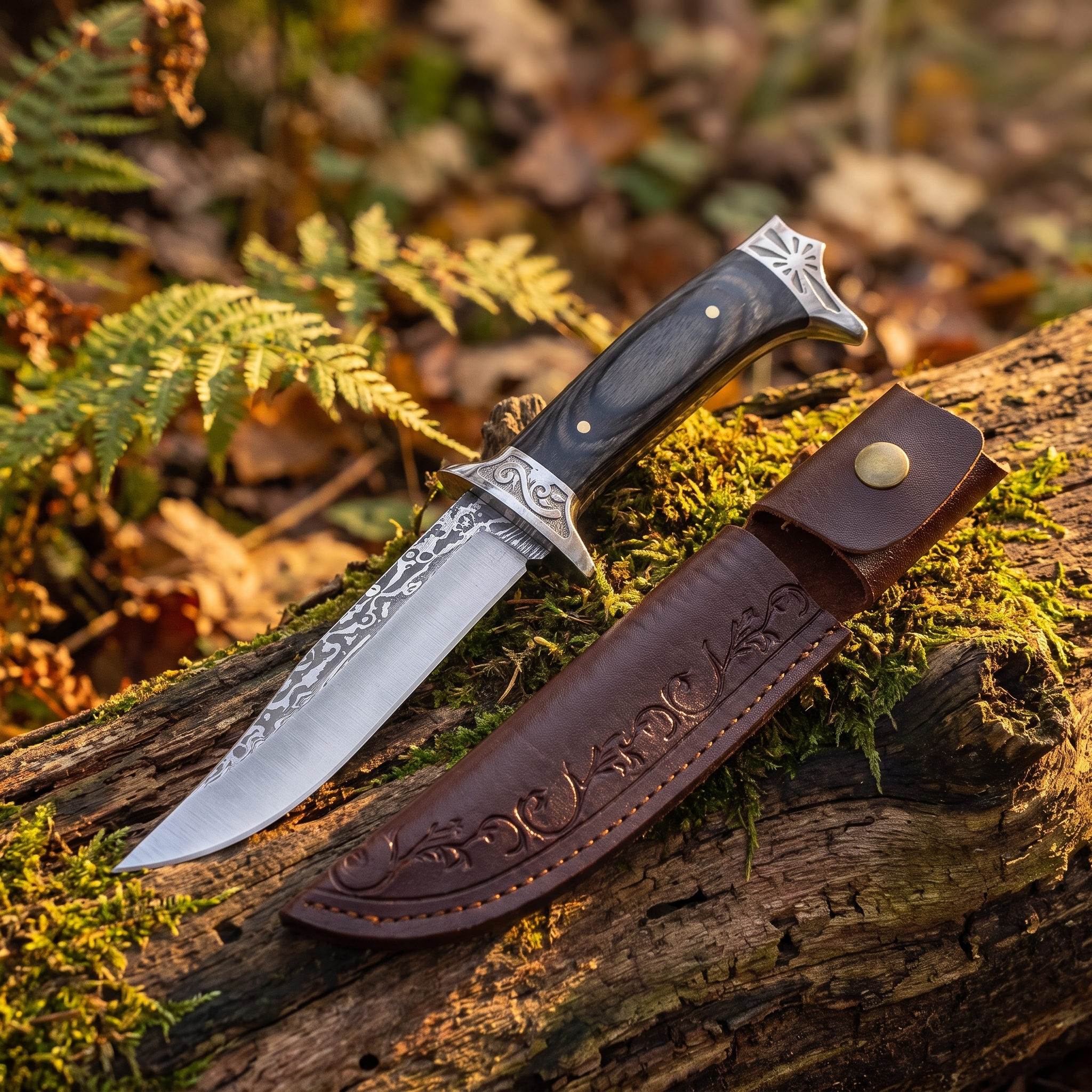 Fixed blade hunting knife with wood handle and embossed leather sheath on a mossy log
