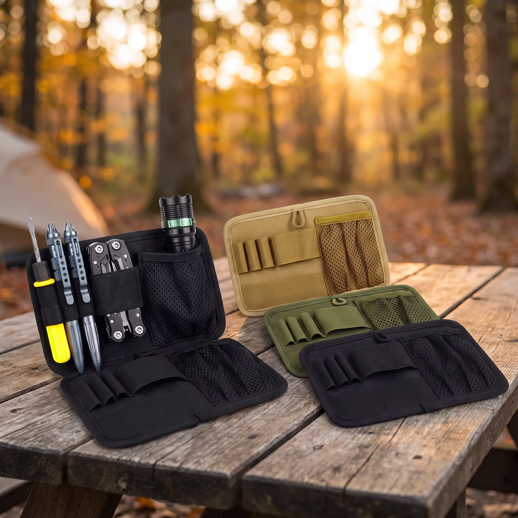 Modular hunting gear organizer pouches arranged on a wooden camp table at dawn