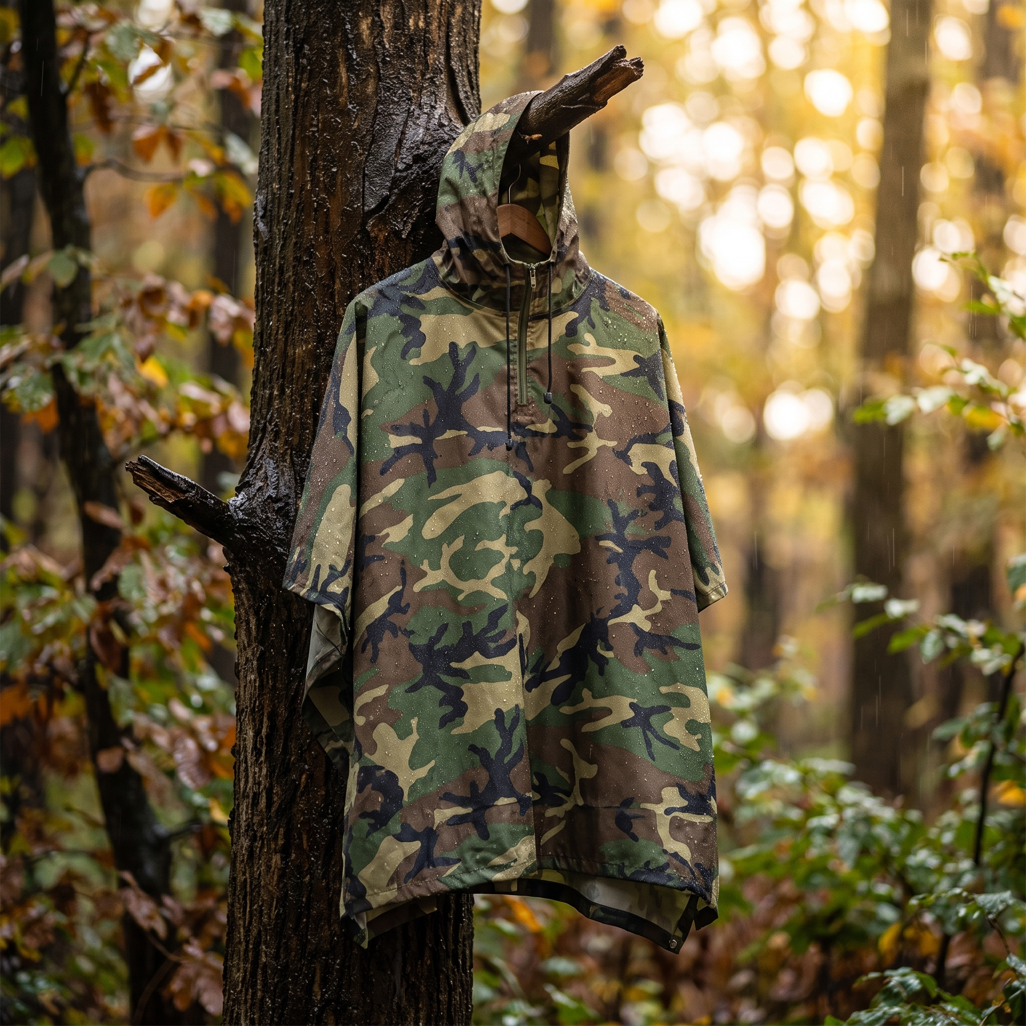Camouflage waterproof rain poncho hanging from a tree branch in a wet autumn forest