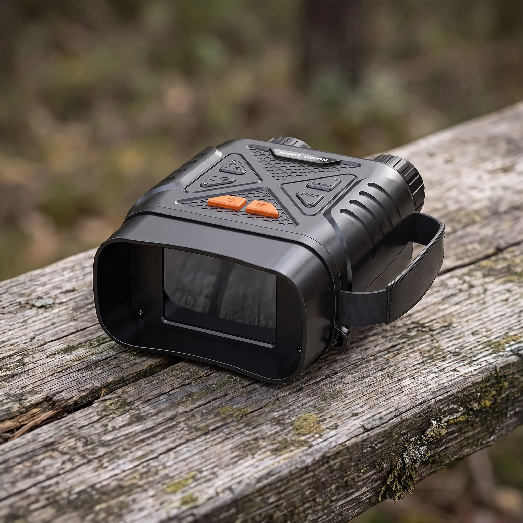 Rear three-quarter view of the night vision binoculars showing the screen housing