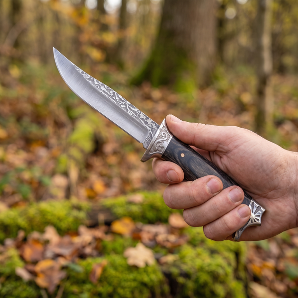 Hand gripping the fixed blade hunting knife by its wood handle
