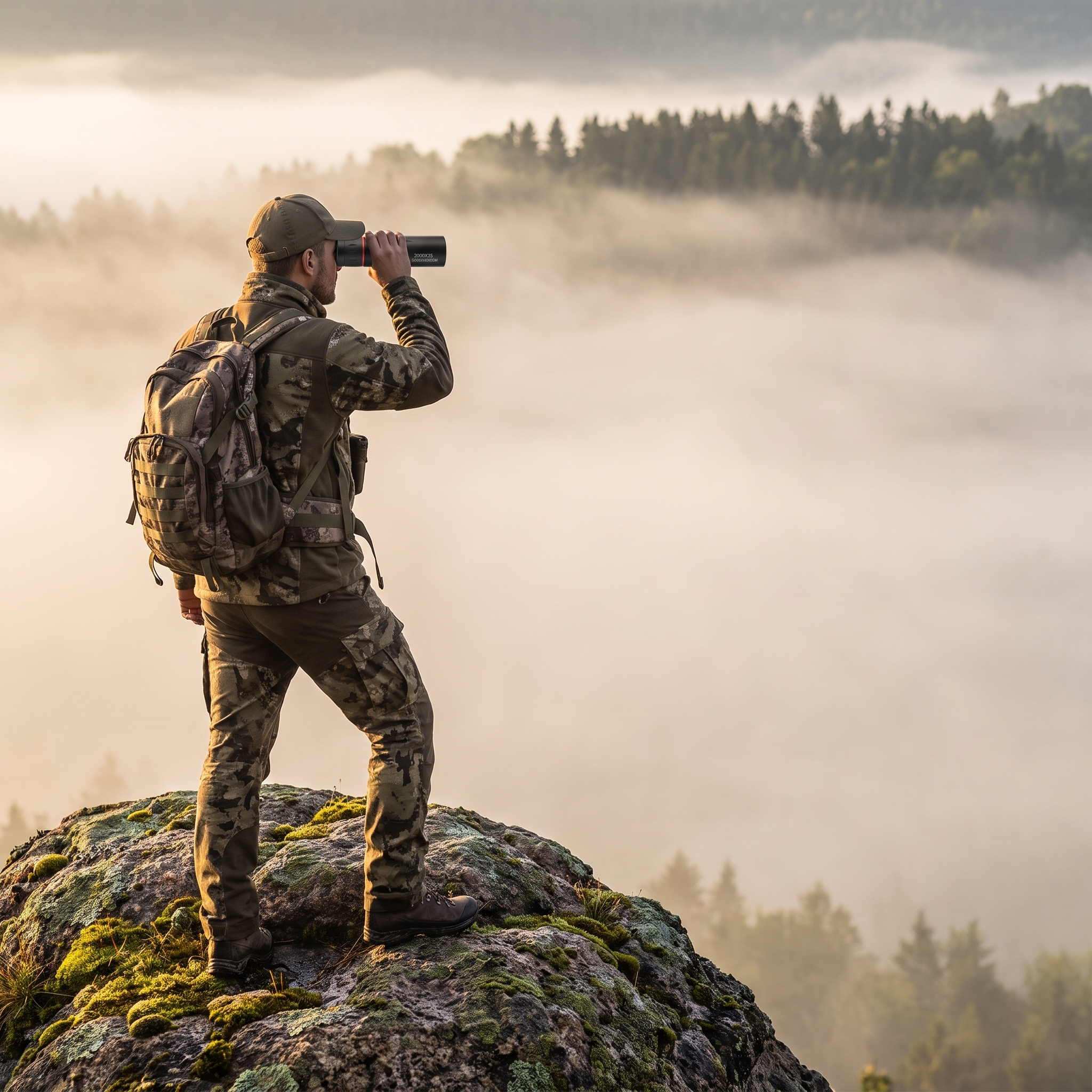 Hunter on a ridge glassing a distant treeline with the HD monocular
