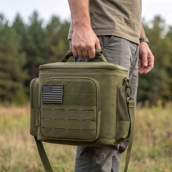 Person carrying the 13L insulated cooler bag by its handle, showing its size