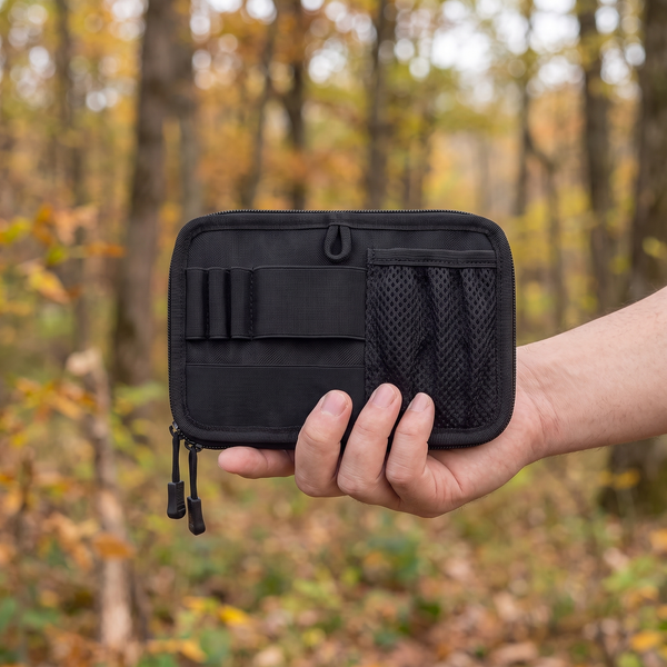 Hand holding one modular gear organizer pouch, showing its size