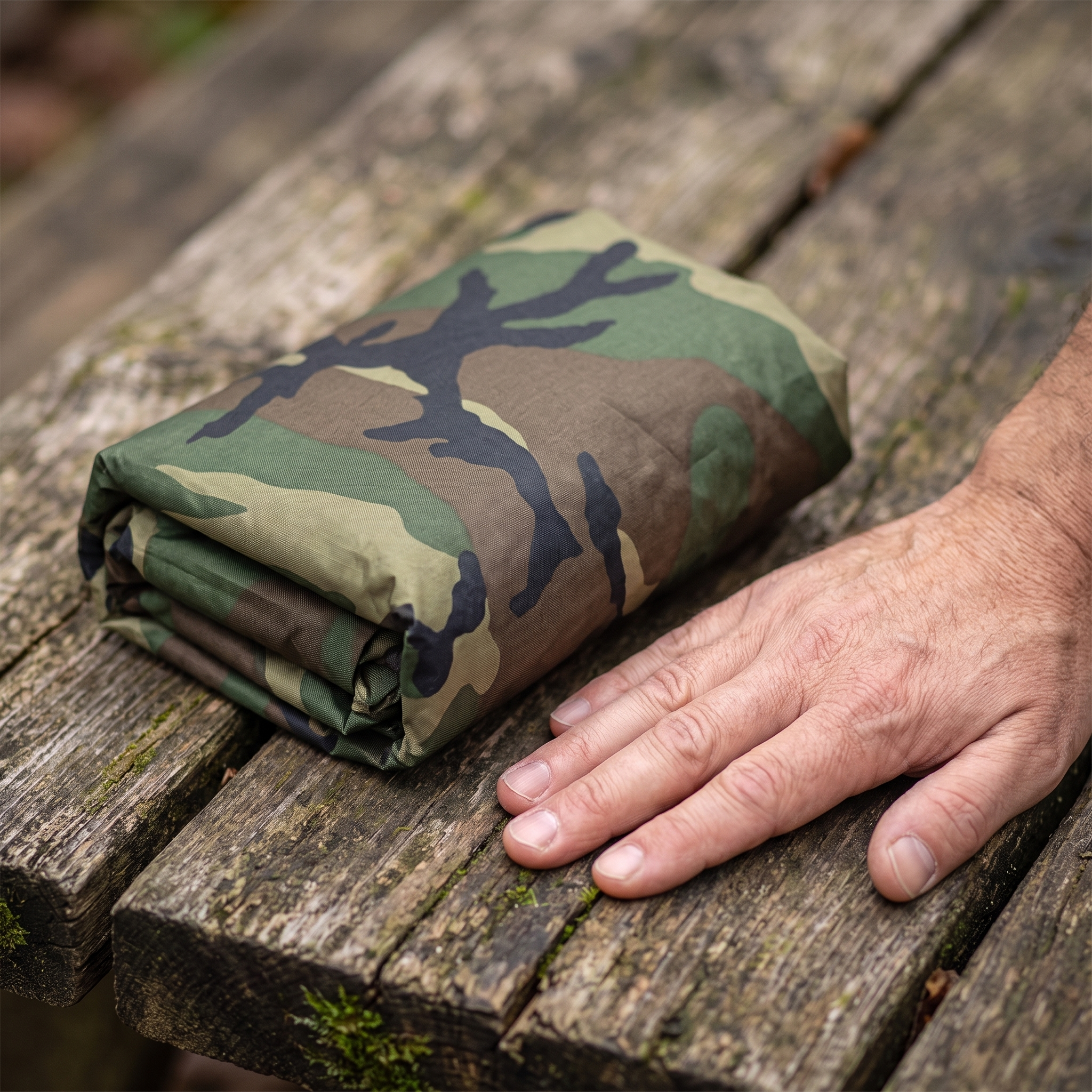 The rain poncho packed down beside a hand for scale