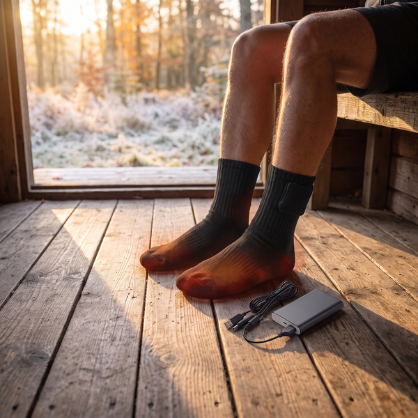 Person wearing the USB heated winter socks, showing their height and fit