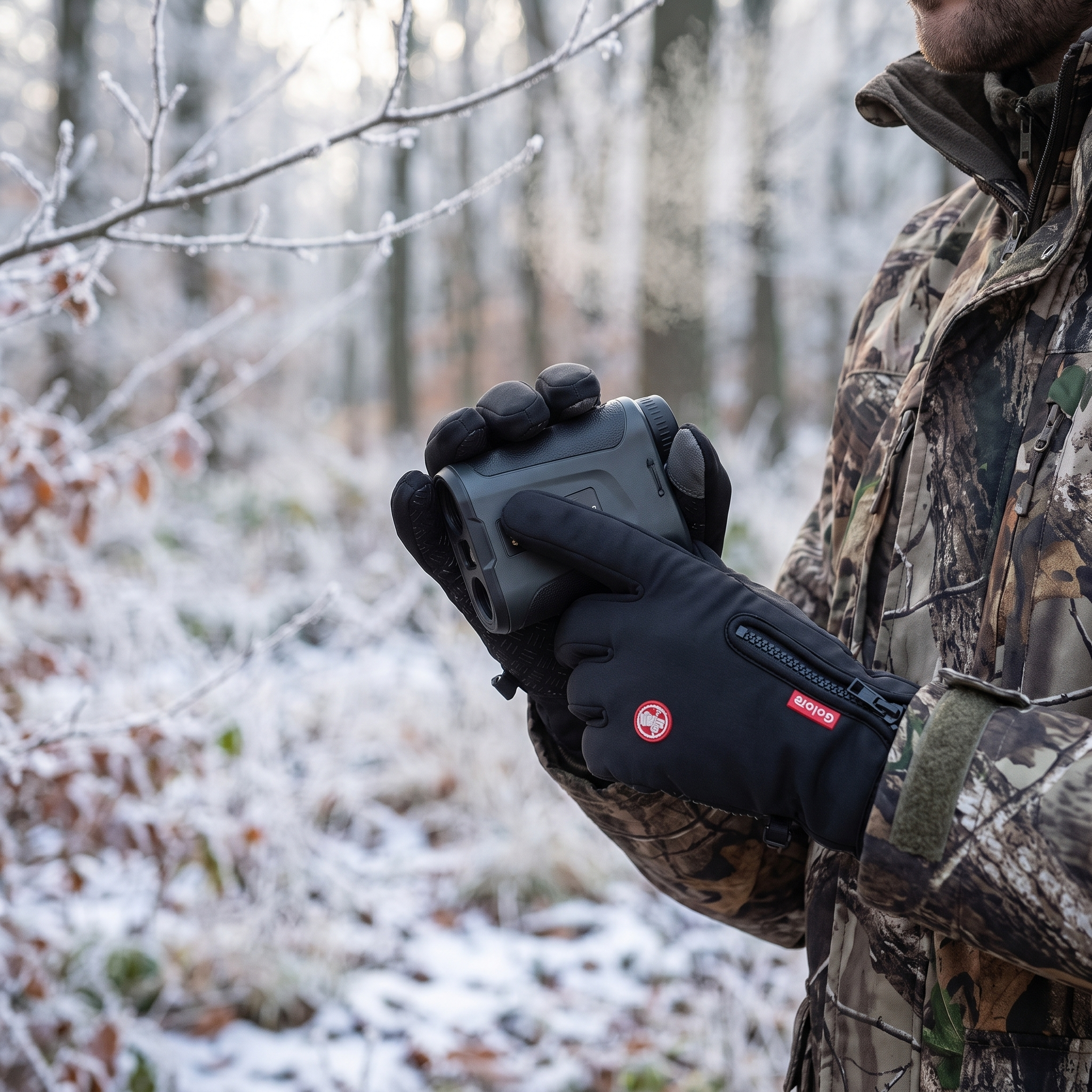 Gloved hands gripping a rangefinder at a treeline in cold weather