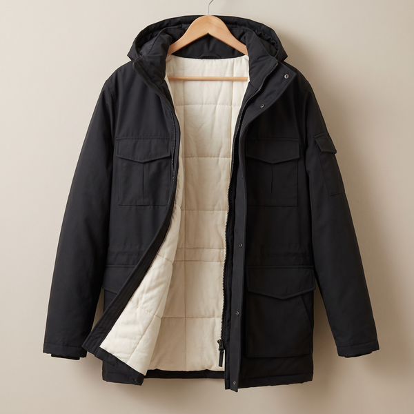 Black insulated winter hunting parka hanging on a hanger, quilted lining visible