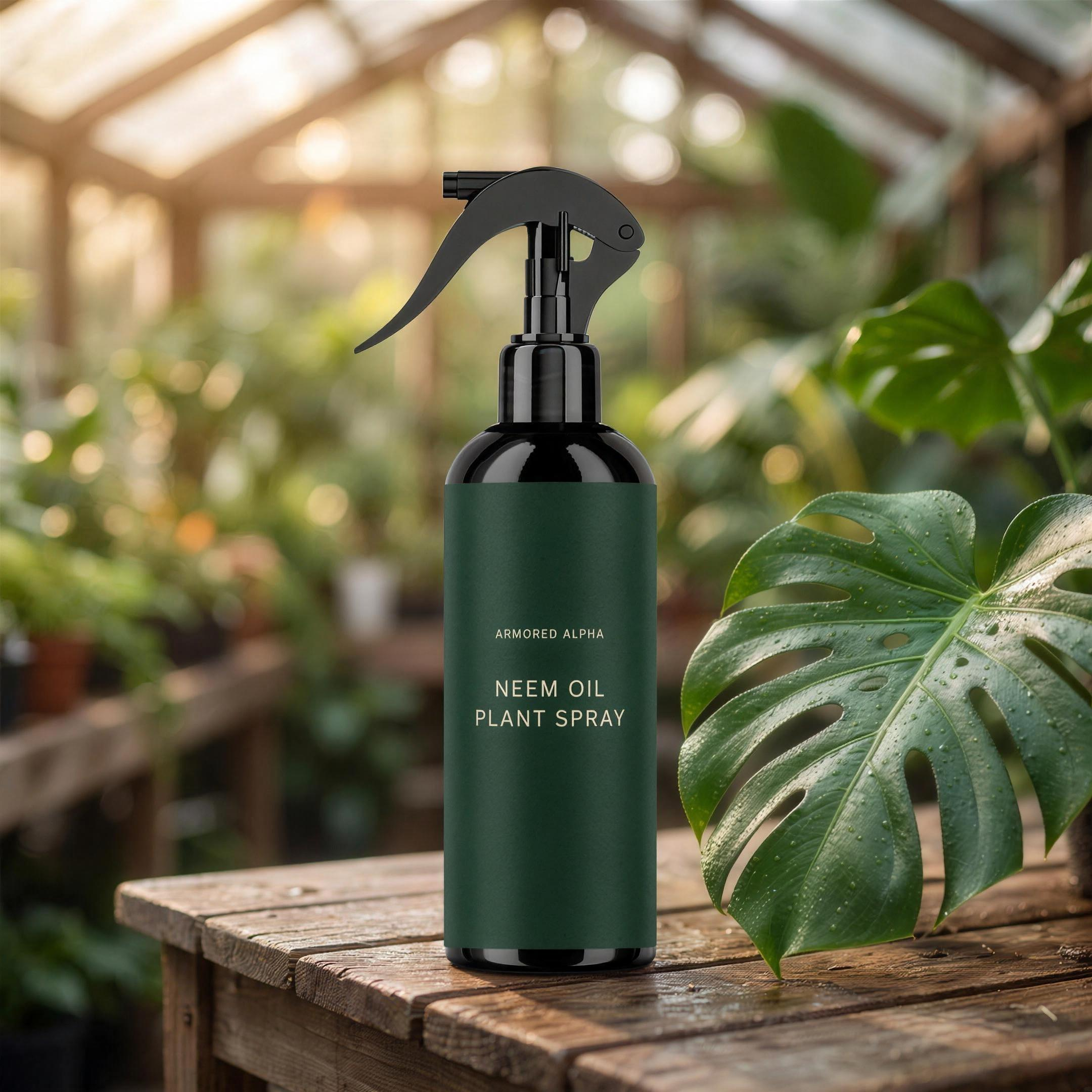 Neem oil plant spray bottle with a plain forest-green label beside a monstera leaf on a wooden potting bench