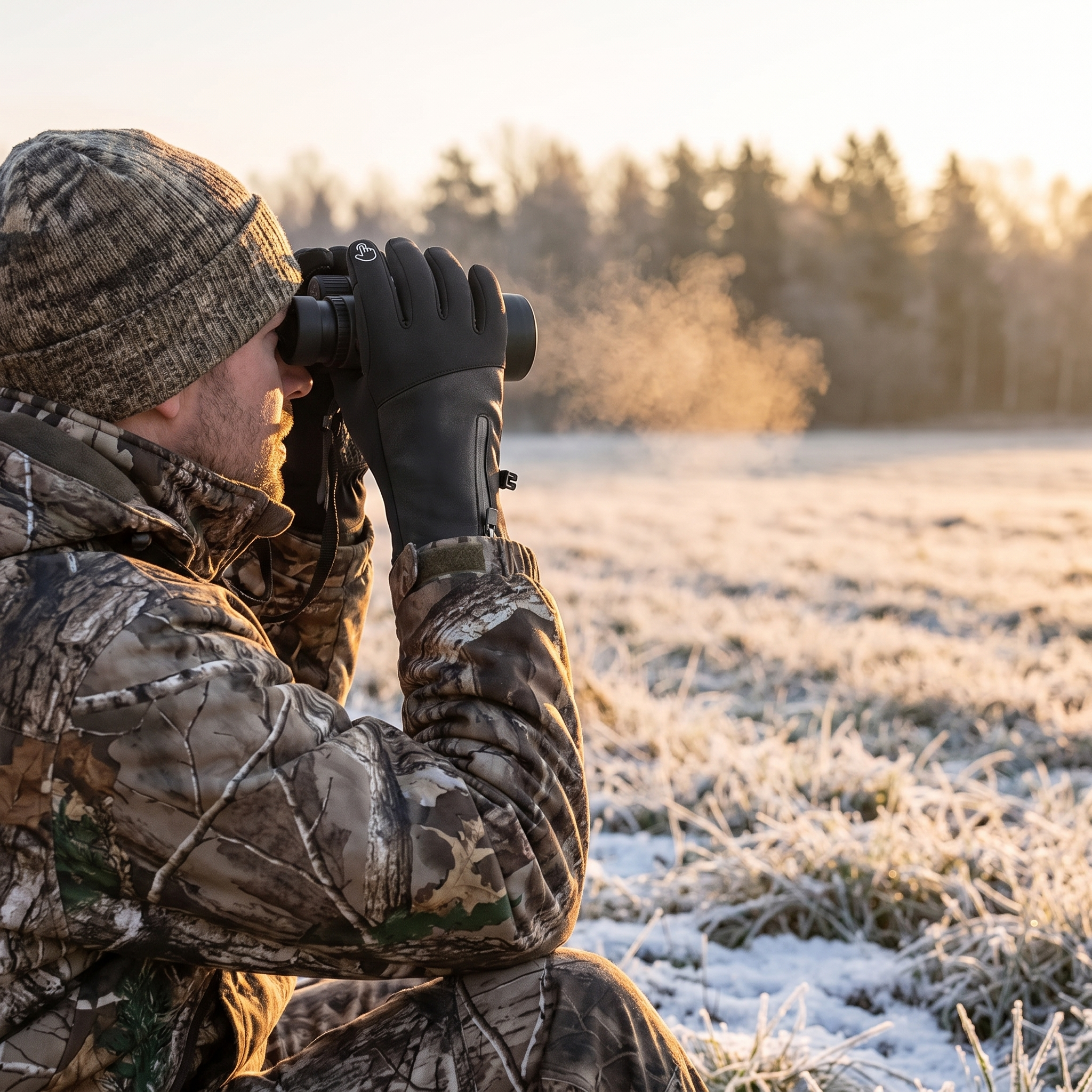 Hunter glassing a frosty field at sunrise wearing heated gloves