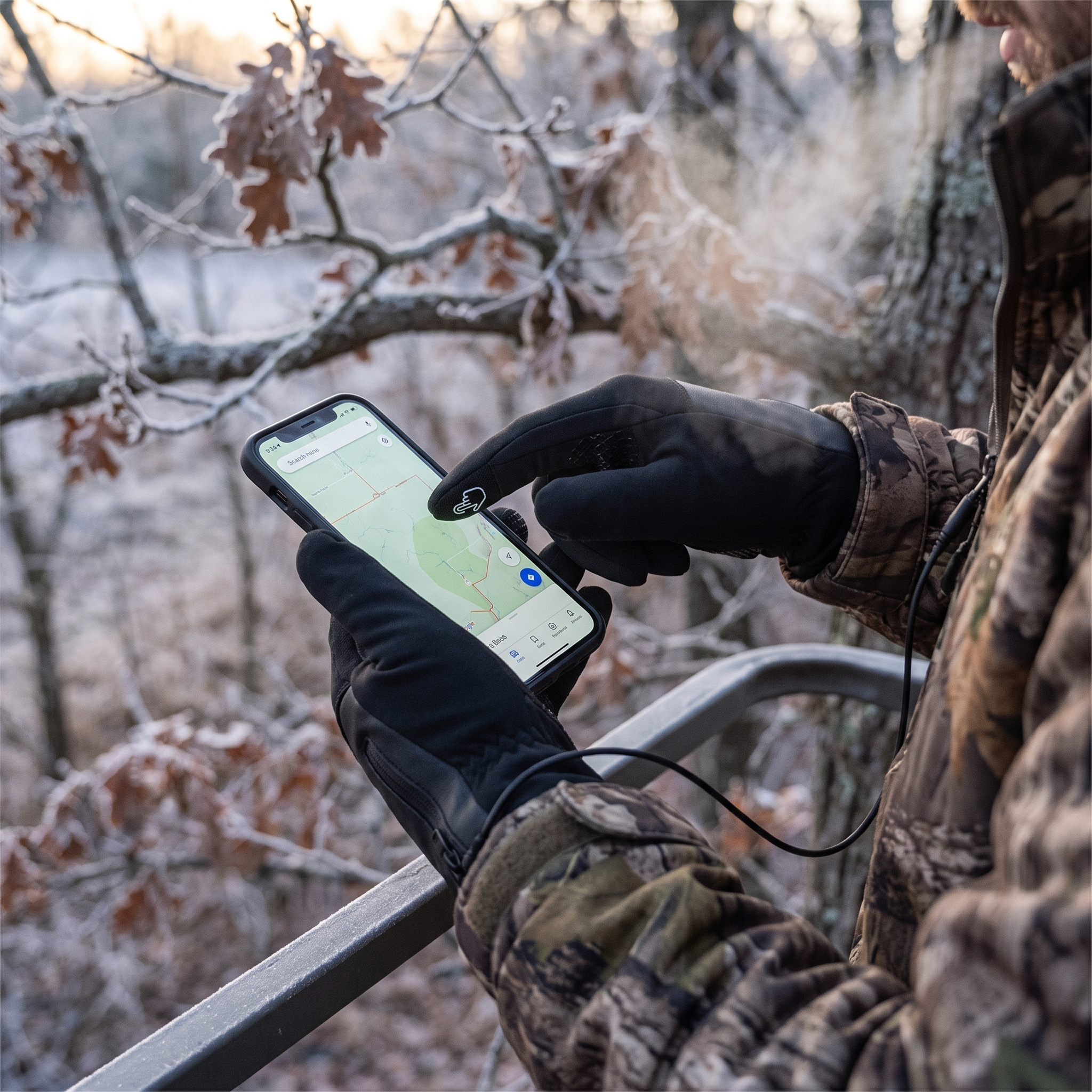 Hunter in a tree stand using a phone while wearing the heated touchscreen gloves