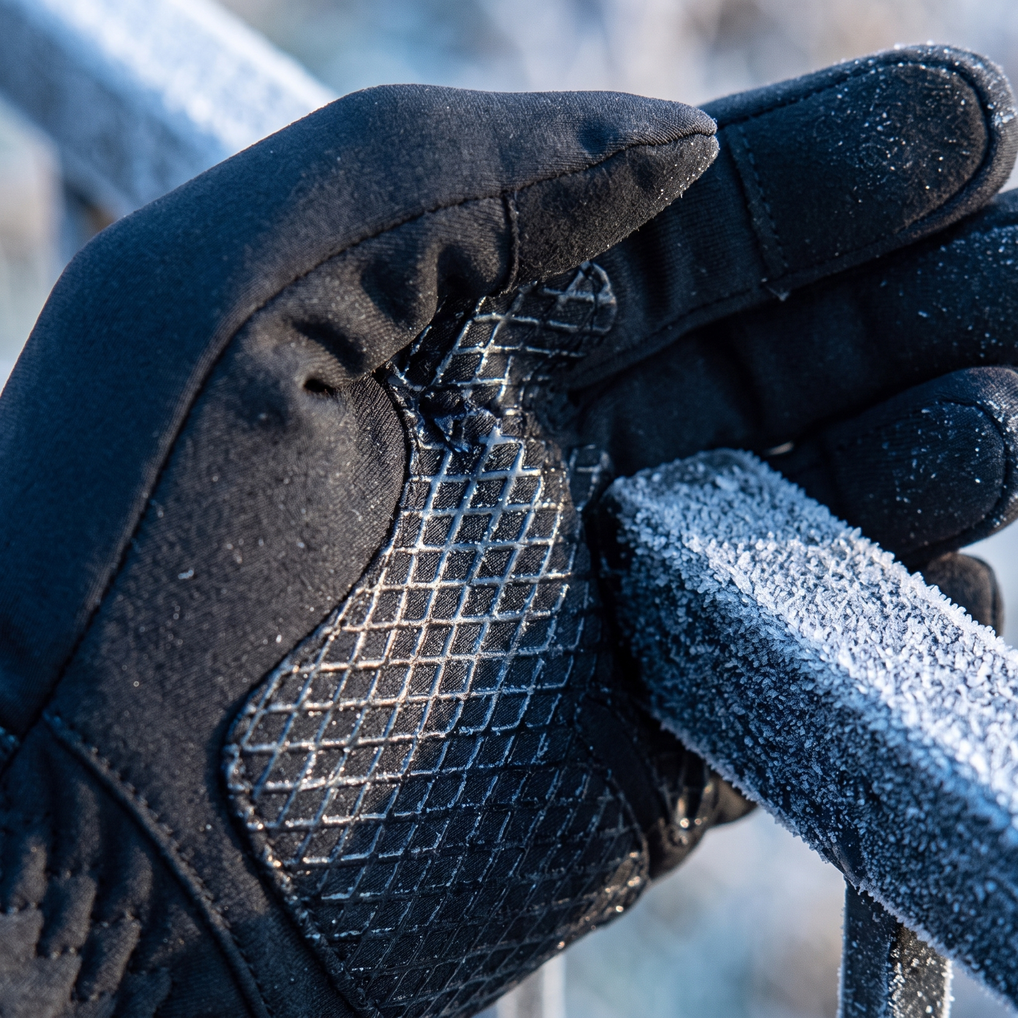 Silicone palm grip of the heated glove on a frosty tree stand rail