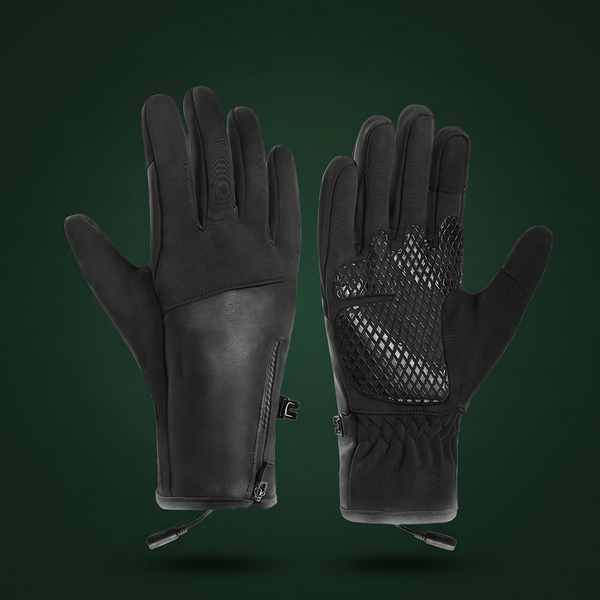 Black heated gloves, back and palm view, on a dark green background