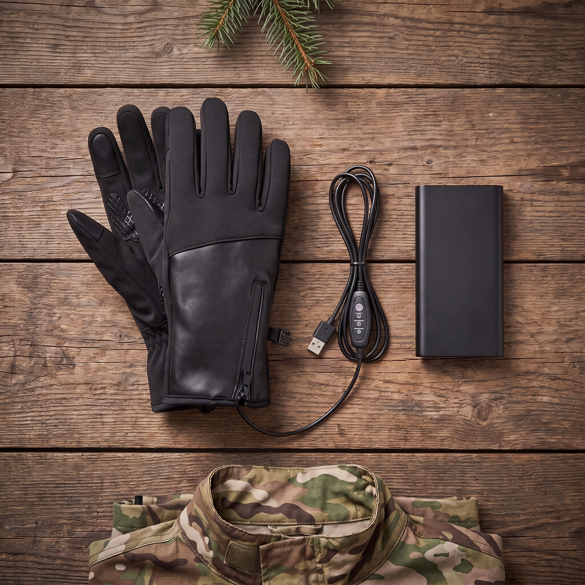 Heated gloves with USB cable, inline heat controller and a power bank